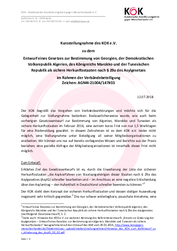 KOK-Stellungnahme zum Gesetzesentwurf zu sicheren Herkunftsstaaten _Juli 2018