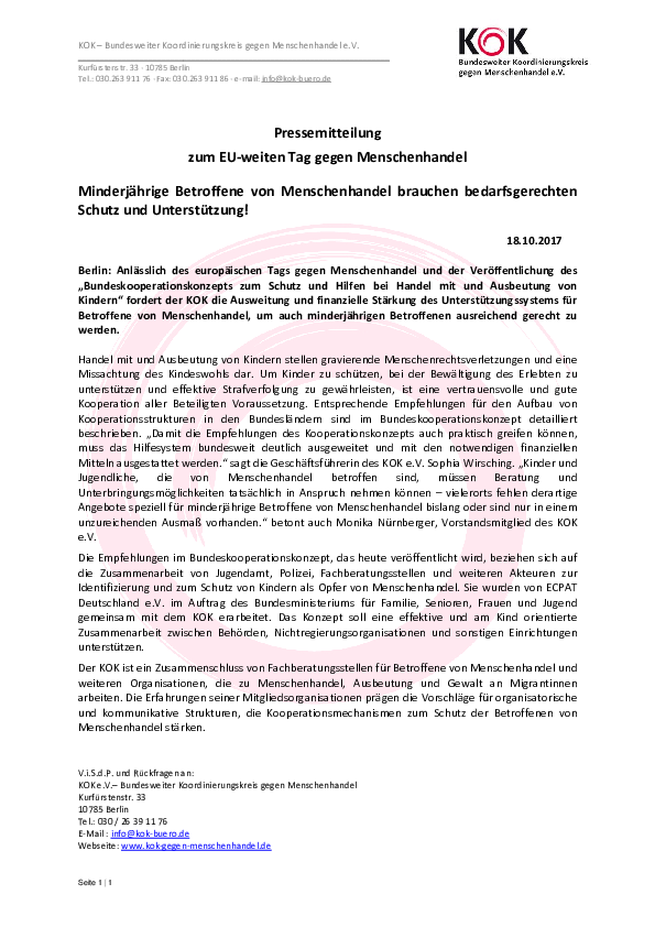 KOK Pressemitteilung EU Tag gegen Menschenhandel