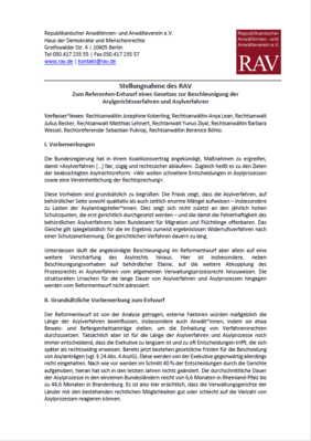 RAV Stellungnahme zum Refrentenentwurf Gesetz zur Beschleunigung von Asylverfahren RAV Stellungnahme zum Refrentenentwurf Gesetz zur Beschleunigung von Asylverfahren