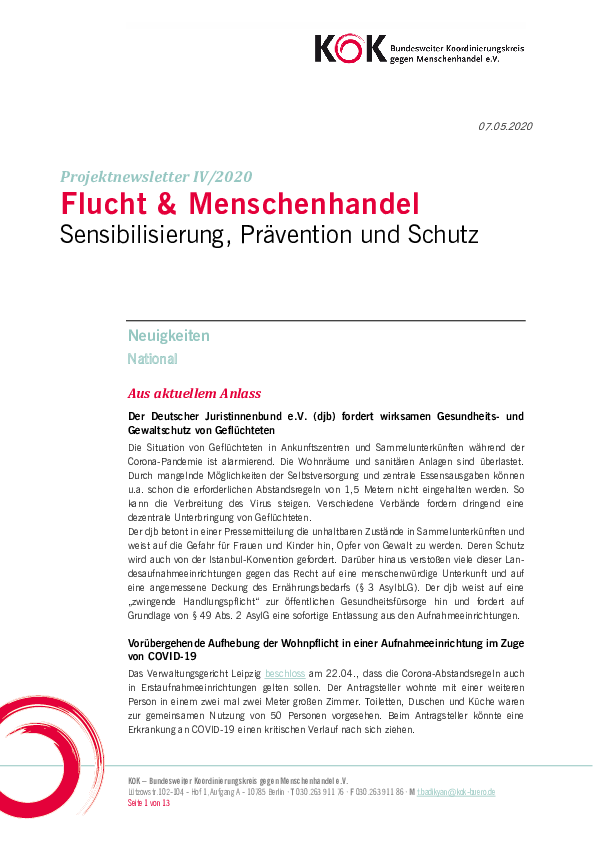 KOK-Projektnewsletter "Flucht & Menschenhandel" IV/2020